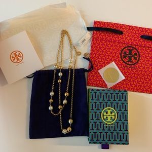 Tory Burch Capped Crystal Pearl Chain Rosary Necklace. Brand new!!